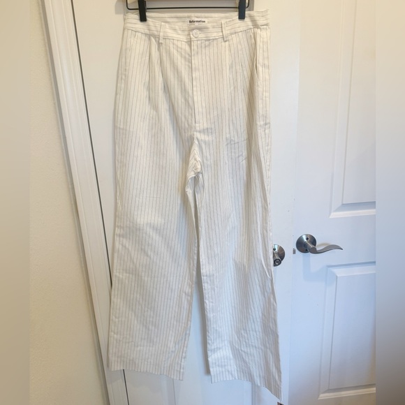 NWT REFORMATION Oren Pants Wide Leg White Pinstripe Office Spring - Picture 2 of 7